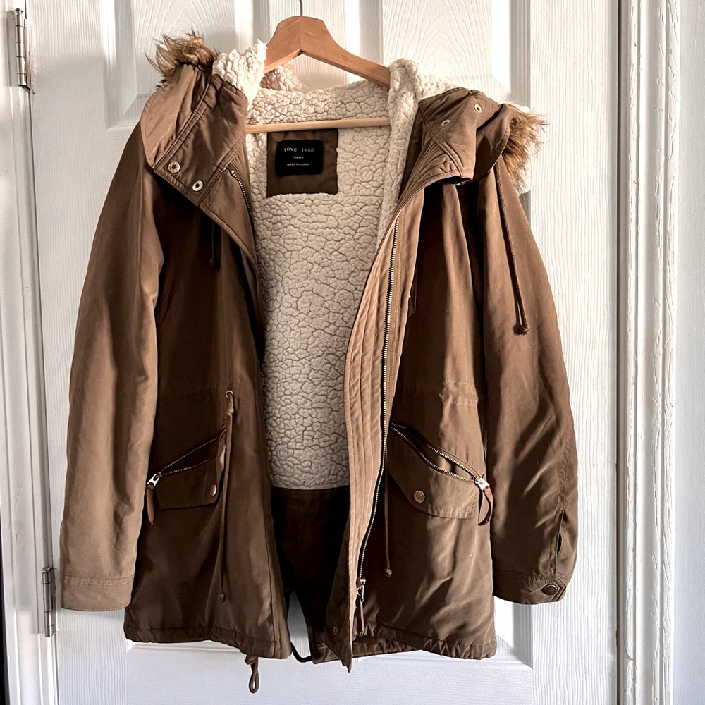 Olive green coat with faux fur trim